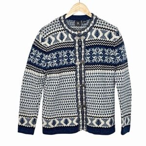 Skyr Fair Isle Nordic Cardigan Sweater Blue Womens Size Small Wool Ski Hook Eye